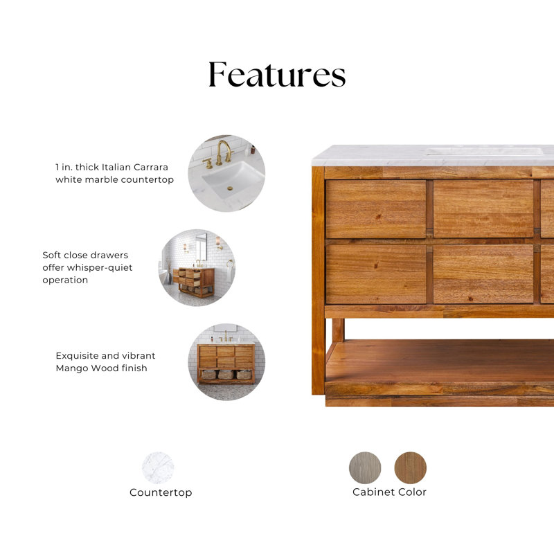Oakman 48 In. Mango Wood Single Sink Carrara White Marble Countertop Bath Vanity With Chrome Faucet