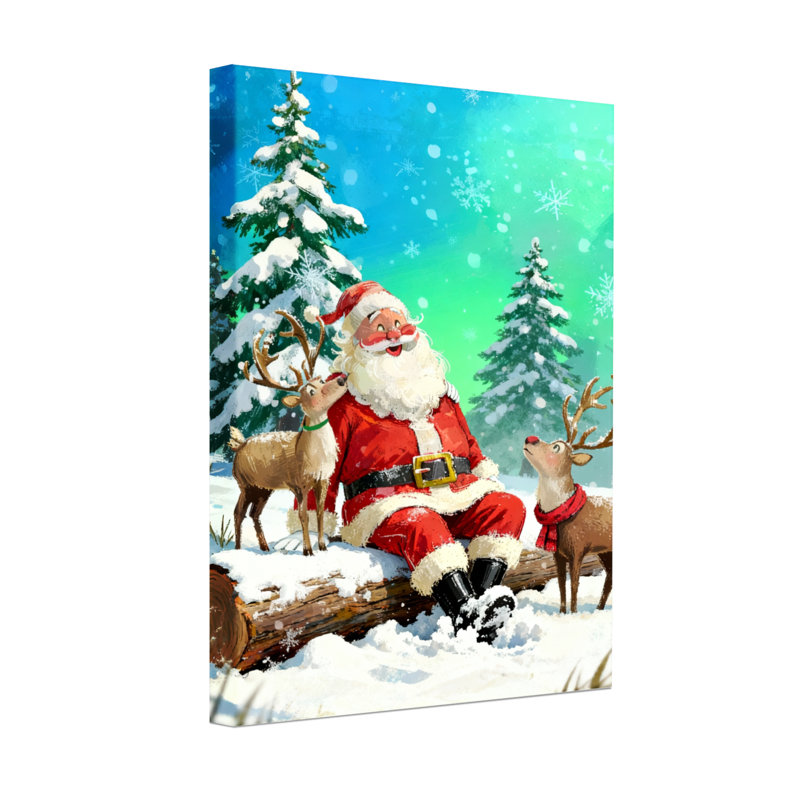Noël père Noël avec renne dans la forêt enneigée, H 24 po x l 16 po