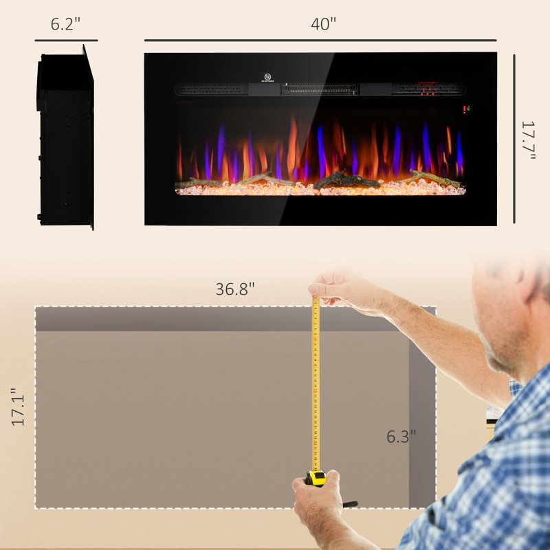 Wall Mounted 40" Electric Fireplace: 1500W Heater With Remote, Adjustable Flame Color, Log & Crystal, 8H Timer, Black Steel Fireplace 40": Heater, Color And Brightness,