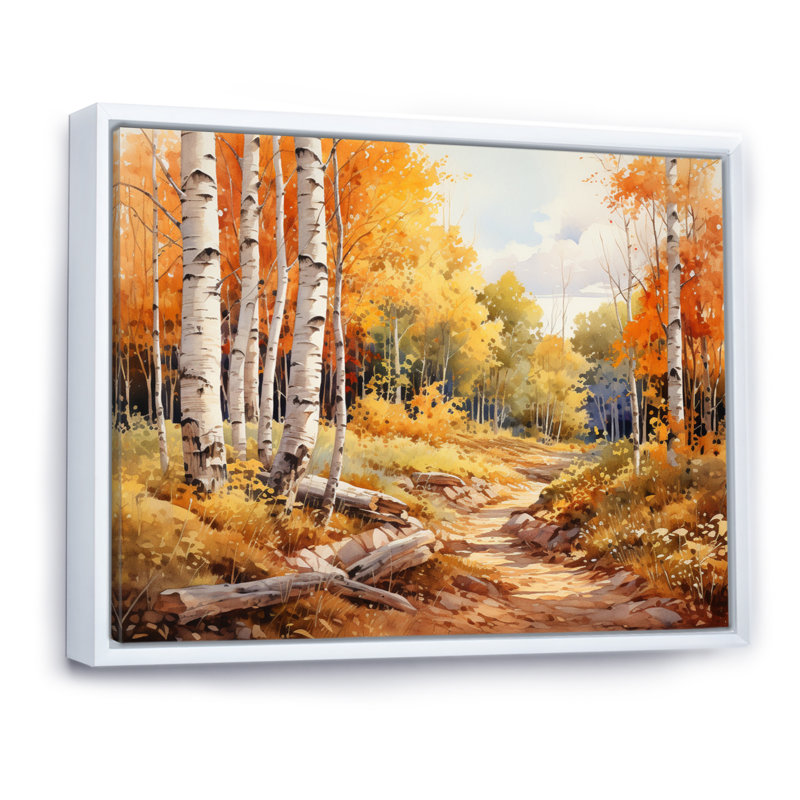 Birch Woods Gilded Pathway II - Imprimé, H 12 po x l 20 po x P 1 po, Cadre flottant blanc