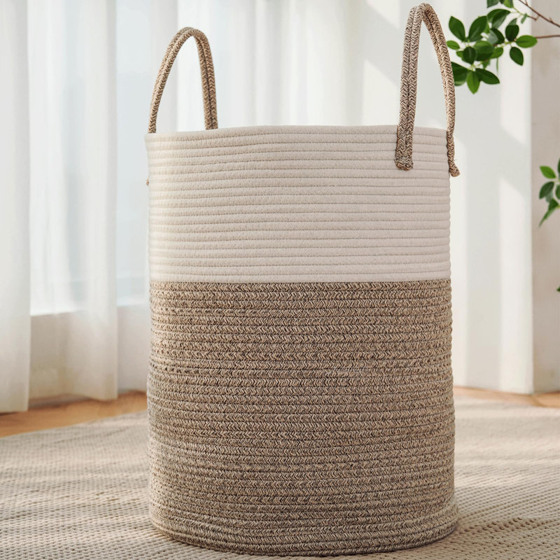 Large Woven Laundry Basket Hamper,60L Cotton Rope Storage Bin For Blankets,Toys And Clothes,Decorative Tall Nursery Hamper,Brown
