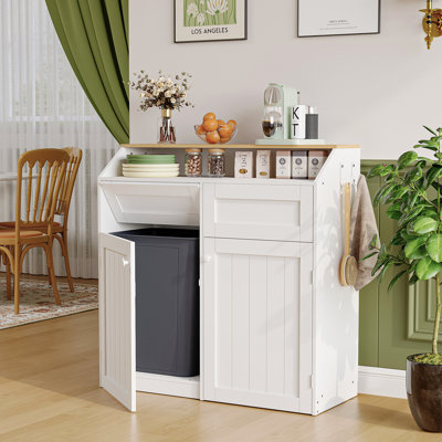  10 Gallon Double Trash Cabinet Kitchen Trash Can Cabinet Recycling Cabinet with Flip Doors and Hooks
