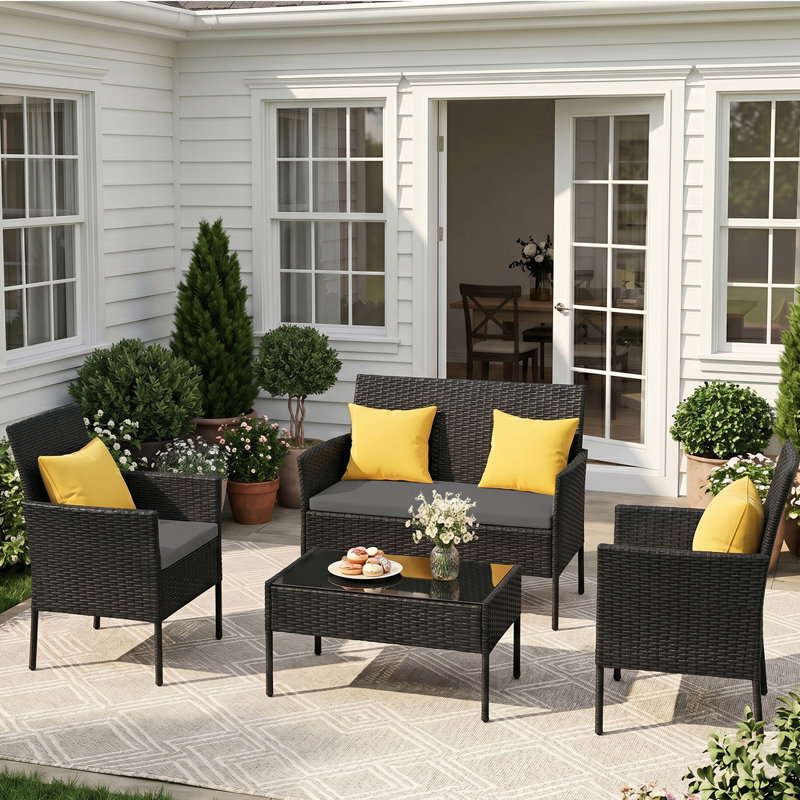 Ensemble de meubles de patio 4 pièces en rotin PE noir avec table basse en verre et coussins lavables, Gray, Black