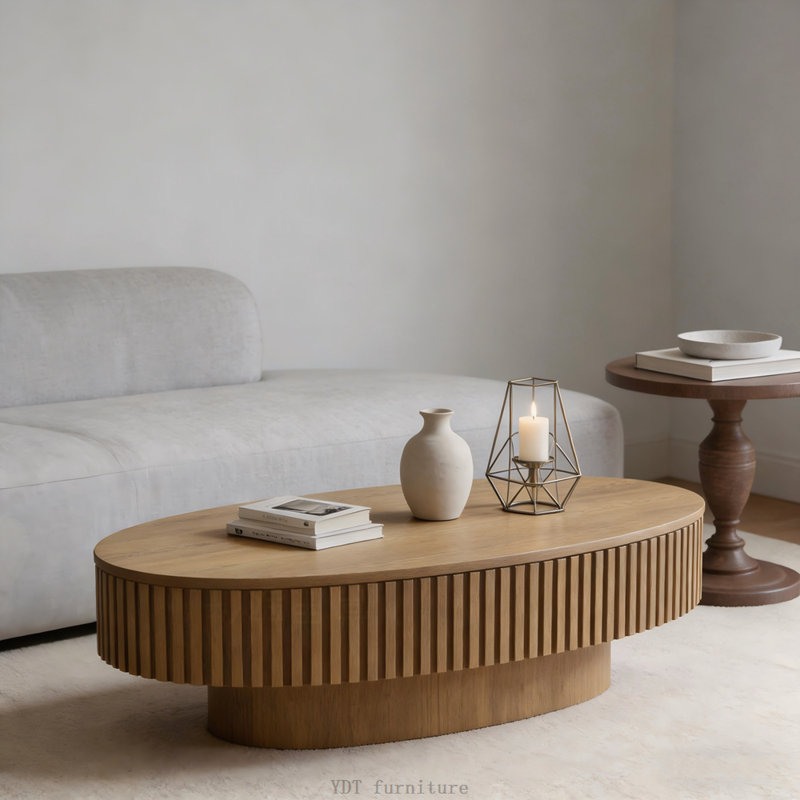 Table basse ovale avec rangement 47 po, placage en bois massif, brun