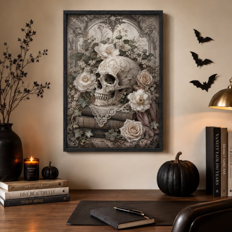 Crâne en filigrane doré avec roses blanches et dentelle - Toile murale d'Halloween, H 36 po x l 24 po