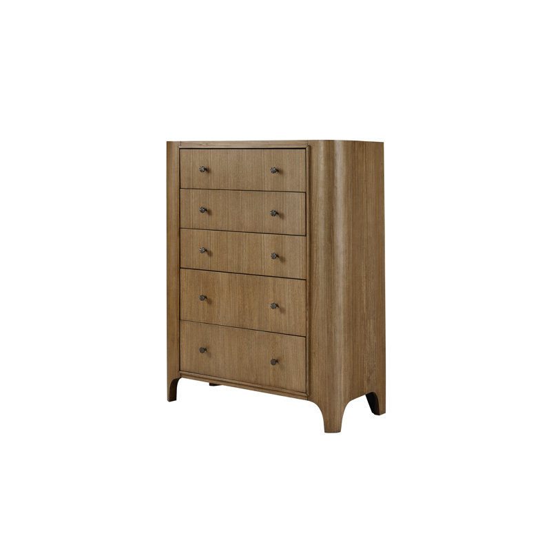 Commode 5 tiroirs Carstens - Commode haute en placage d'eucalyptus avec tiroirs à fermeture en douceur
