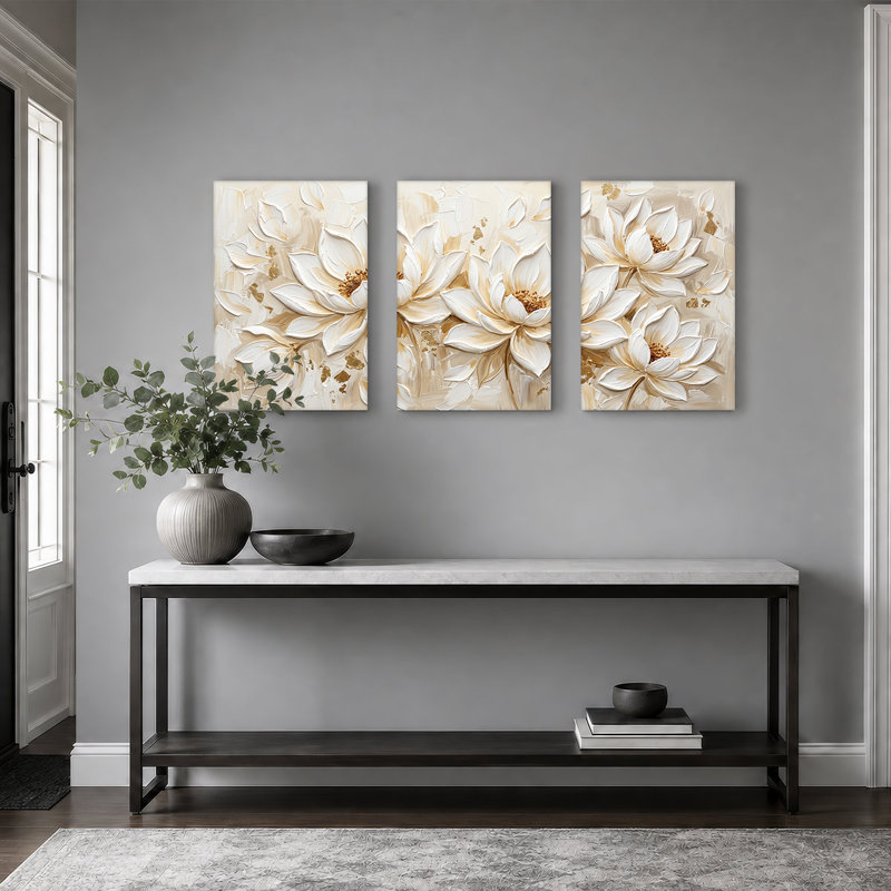 Ensemble de 3 impressions sur toile lotus blanc avec accents dorés, 30"H x 20"W x 3pcs
