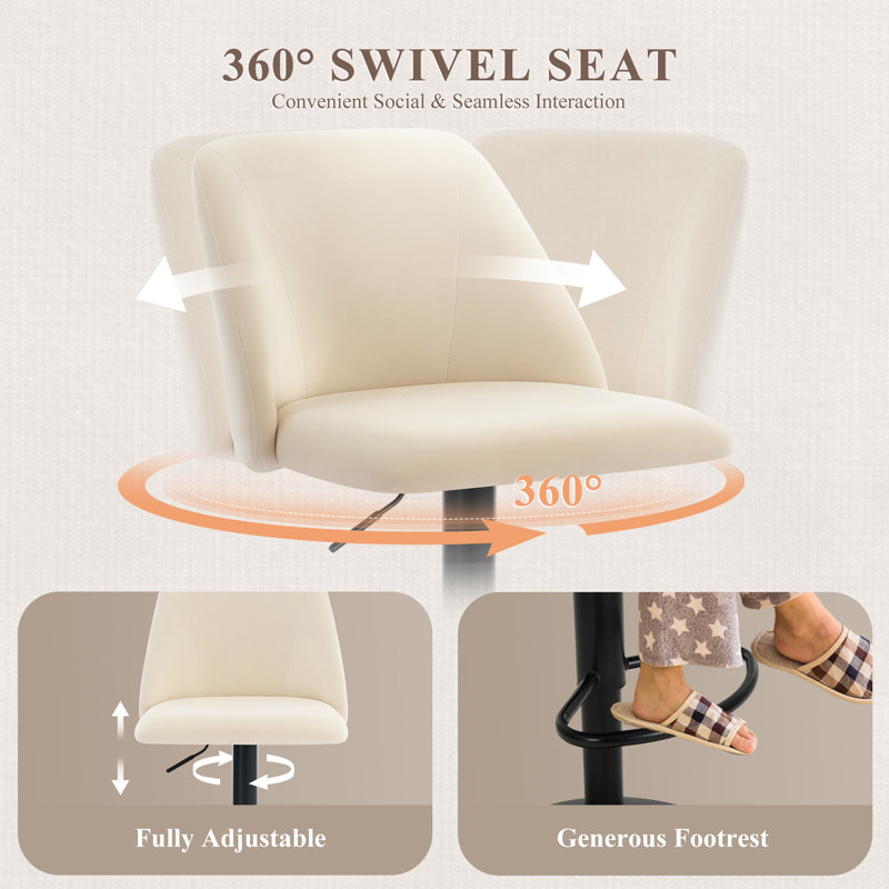 Swivel Adjustable Height Bar Stool Upholstered Counter Stool, Beige, 3
