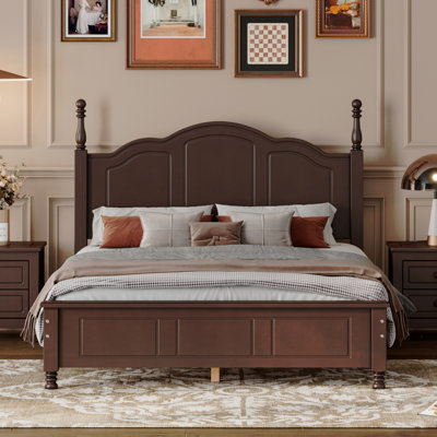 Structure de lit double en bois pleine grandeur, lit plateforme de style rétro avec support en lattes de bois