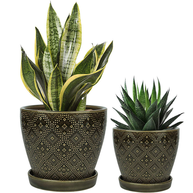 2 Piece Ceramic Plant Pot with Drainage Holes and Saucers, Dark Green