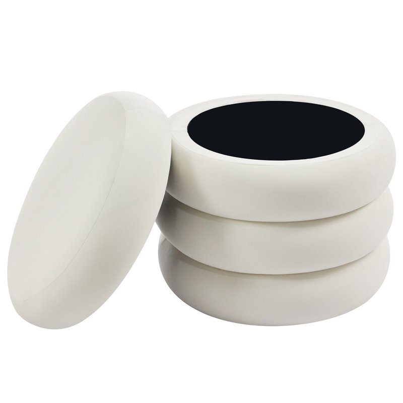 Repose-pieds rond avec rangement en velours / lin Leiani, Velours blanc