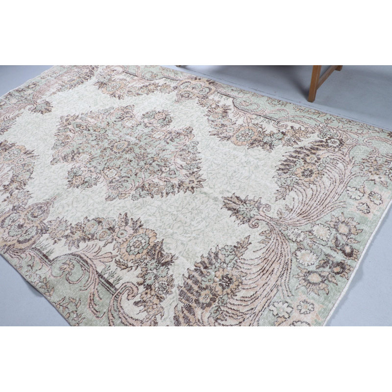 Tapis turc rétro Oushak - grand tapis fait à la main en vert pour un décor bohémien