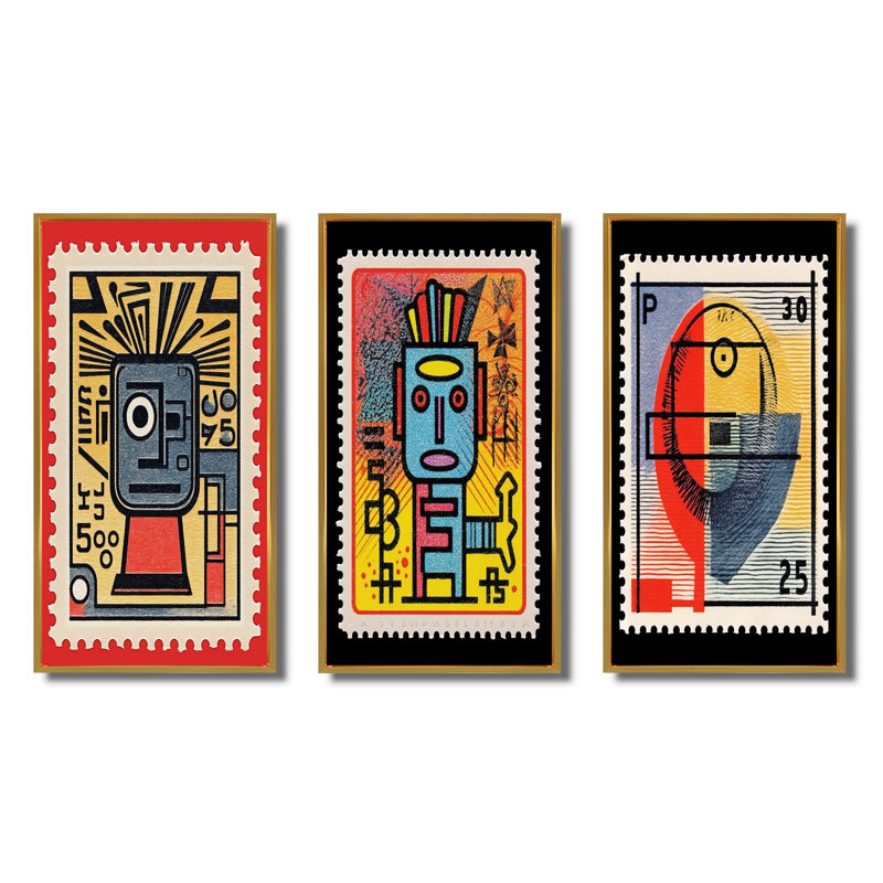 Retro Stamp Tribute To Keith I - Transitional Art Set Of 3 Pieces, Encadrement doré, H 40 po x l 60 po