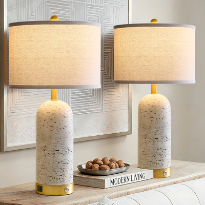 25" Table Lamp Set Of 2 For Bedroom, Touch Control Bedside Lamps With USB A + USB C Charging Ports, 3-Way Dimmable Nightstand Lamps With LED Bulbs Included, Rustic Resin Lamps For Living Room
