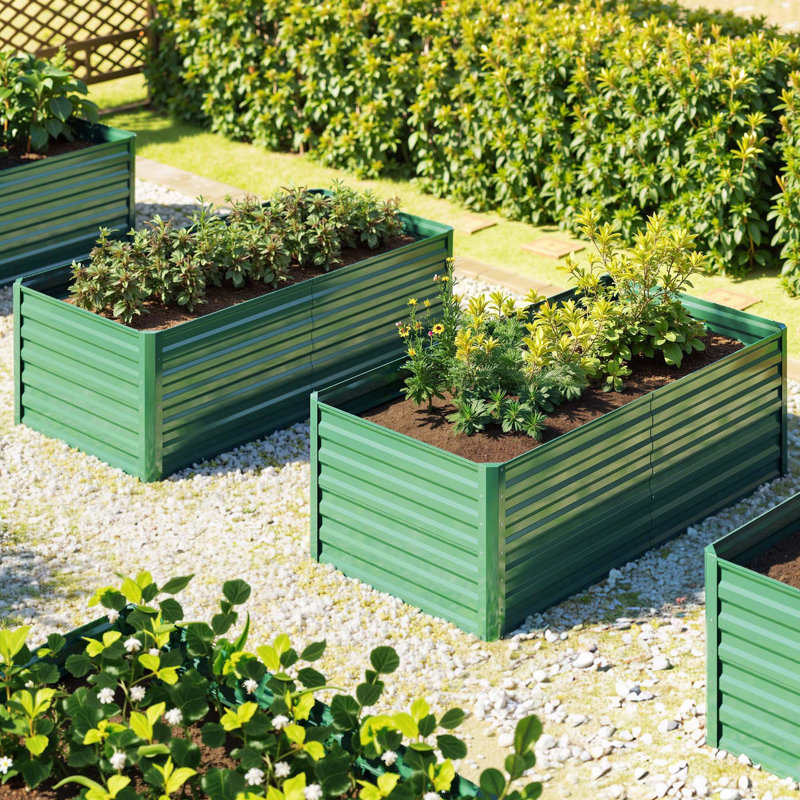 Set of 2 Metal Raised Garden Bed, 180x90x54cm, 58cm H x 180cm W x 90cm D, Green