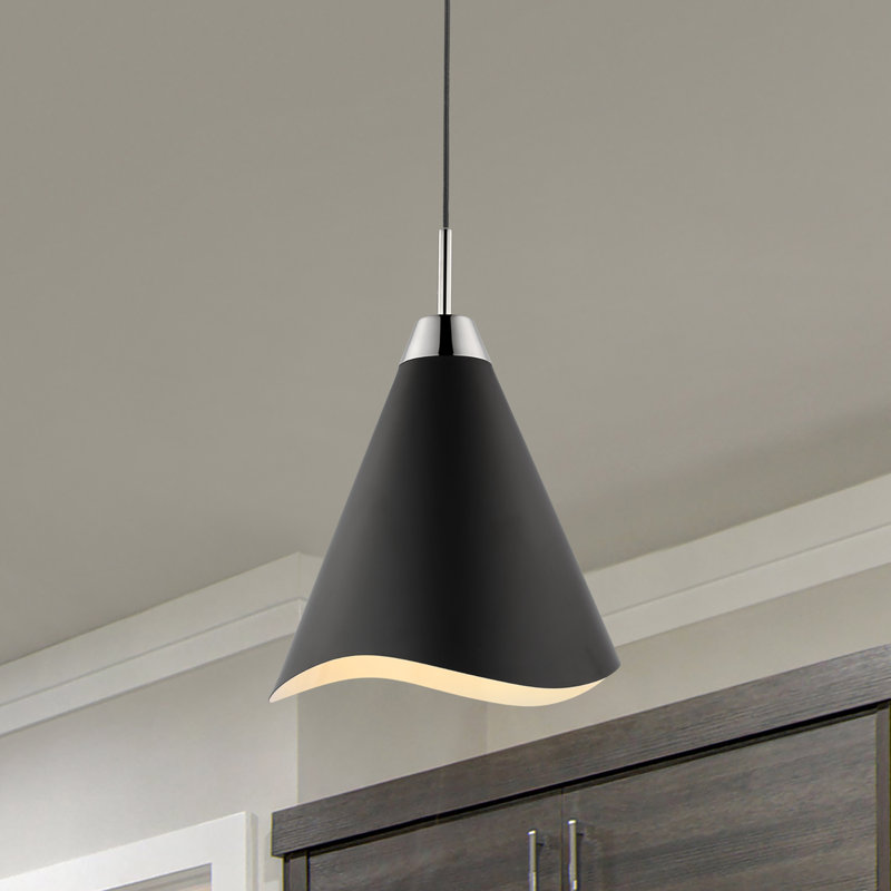 Luminaire suspendu simple en métal à 1 lumière avec plafond Gertrude, Noir mat / nickel poli, H 16 po x l 7,8 po x P 7,8 po