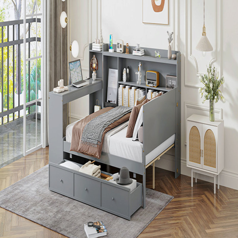 Full Size Wooden Daybed With 3 Drawers, USB Ports And Desk, Gray