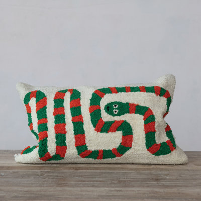 Tufted Cotton Blend Snake Lumbar Pillow , Green And Orange