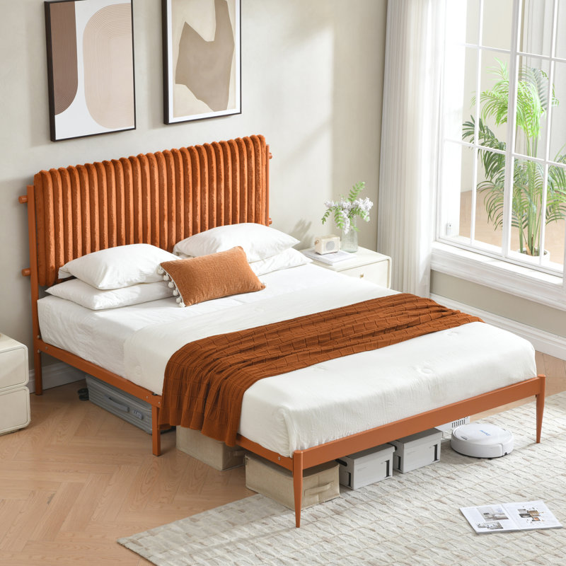 Heavy Duty Metal Platform Bed Frame with Headboard, No Box Spring Needed, Sturdy Steel Slat Support, Queen, Ocher