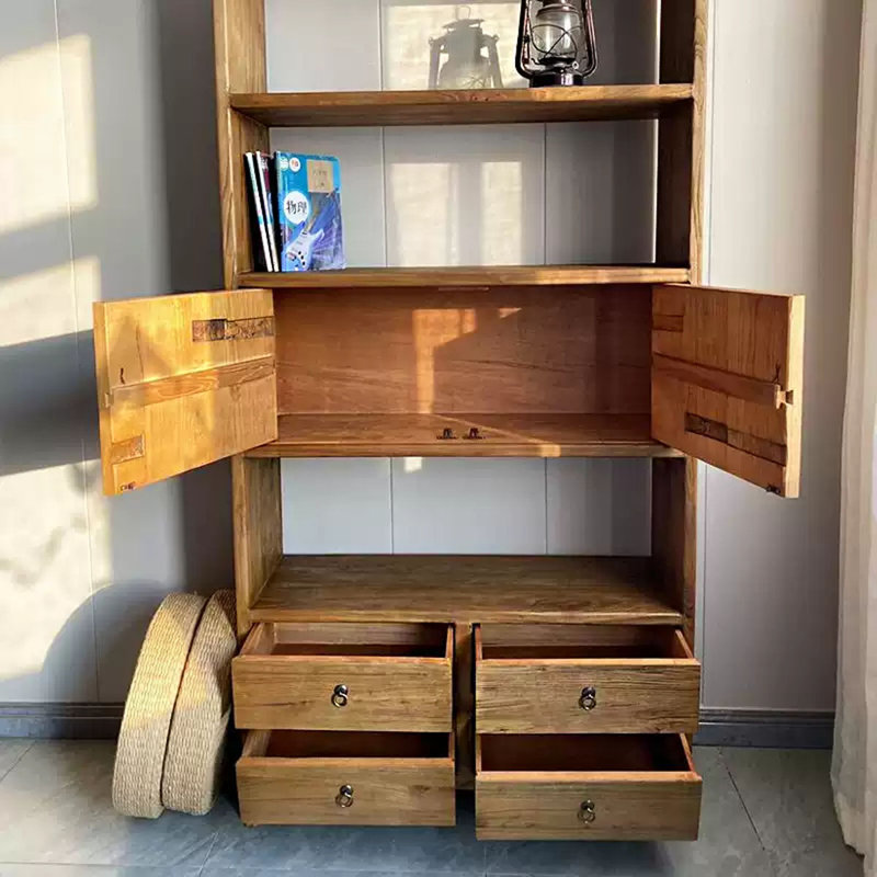 Modern Minimalist Old Elm Wood Five-Drawer Storage Floor-Standing Bookcase