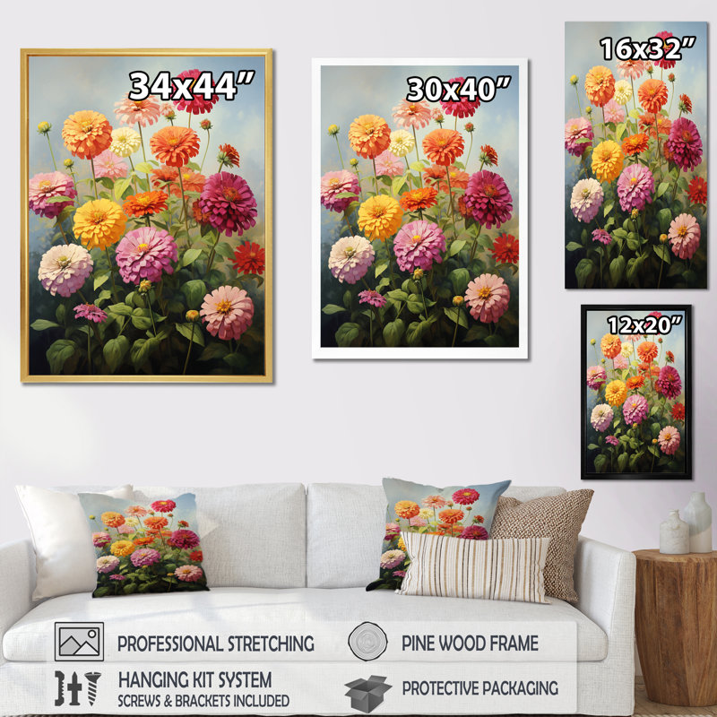 Zinnias Romantic Impression, reproduction d'art sur toile, Cadre doré à une seule photo, H 32 po x l 16 po x P 1 po