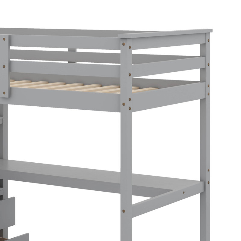 Lit mezzanine simple avec bureau et tablettes, deux tiroirs intégrés, Gris
