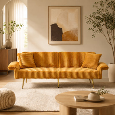 79'' Mustard Yellow Corduroy Convertible Sofa Bed with Adjustable Backrest, Fold-Down Arms and 2 Pillows