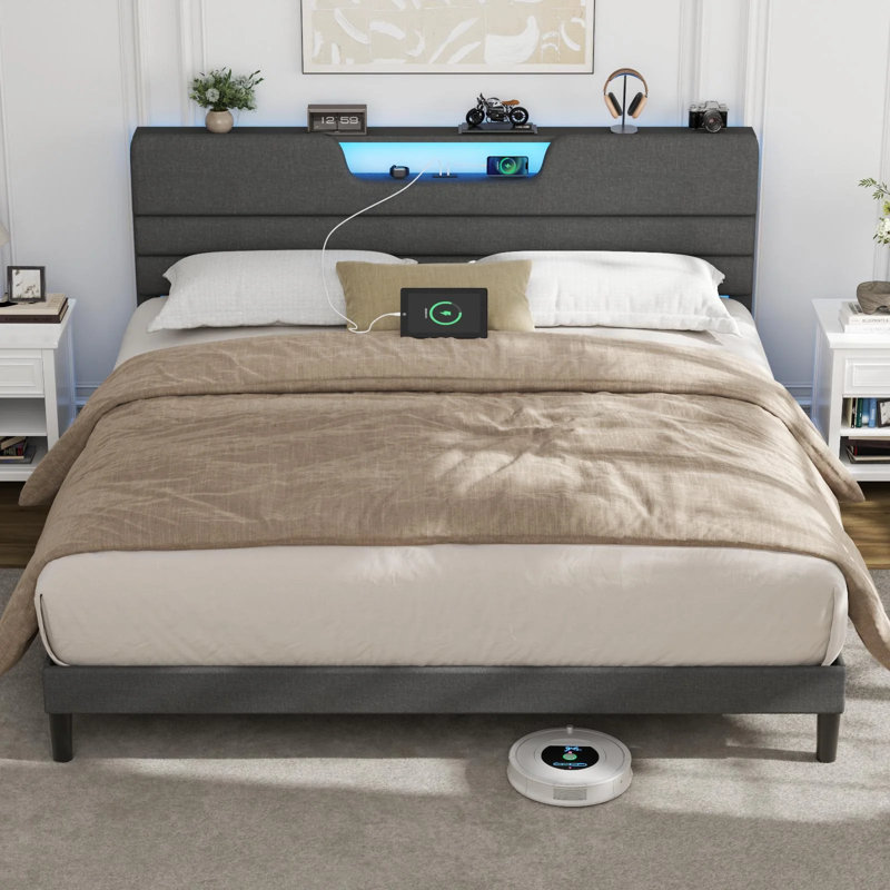 Bed Frame With Charging Station, Led Lights, Upholstered Headboard, Dark Gray, King