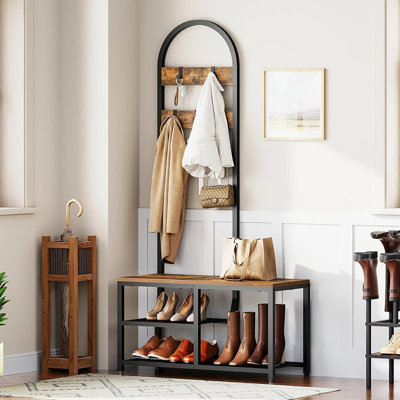 Entryway Bench With Coat Rack And Shoe Shelf – All-In-One Storage Organizer For Foyer, Hallway, Or Cloakroom, Rustic Brown And Black