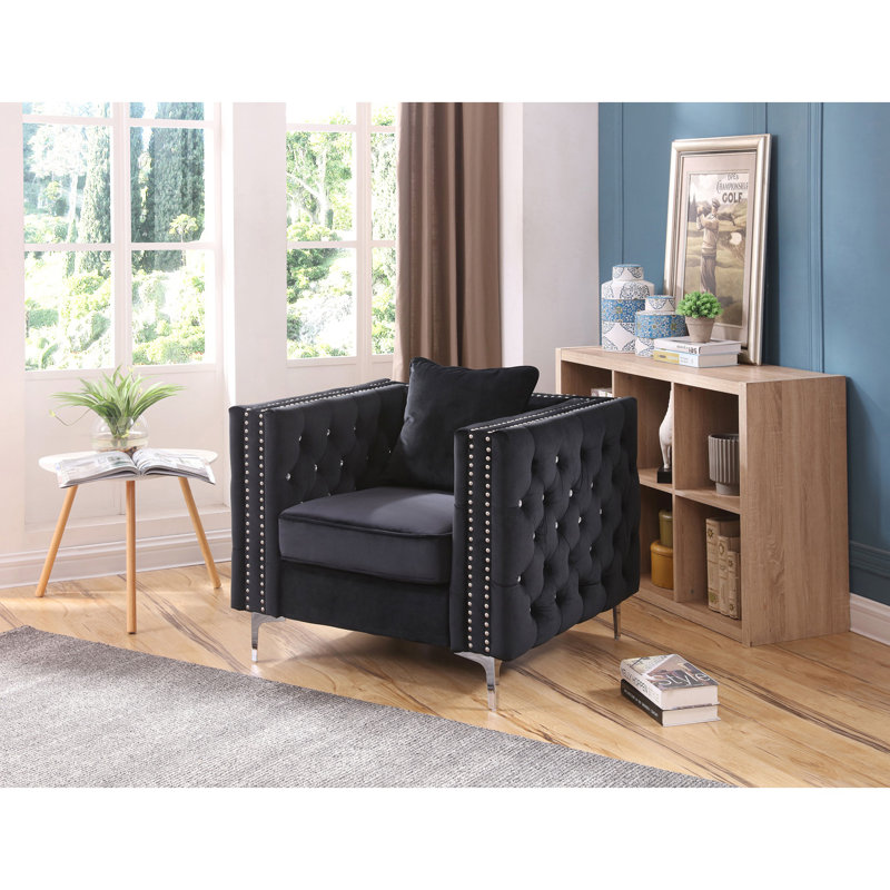 Fauteuil Chesterfield Lieza, Velours noir