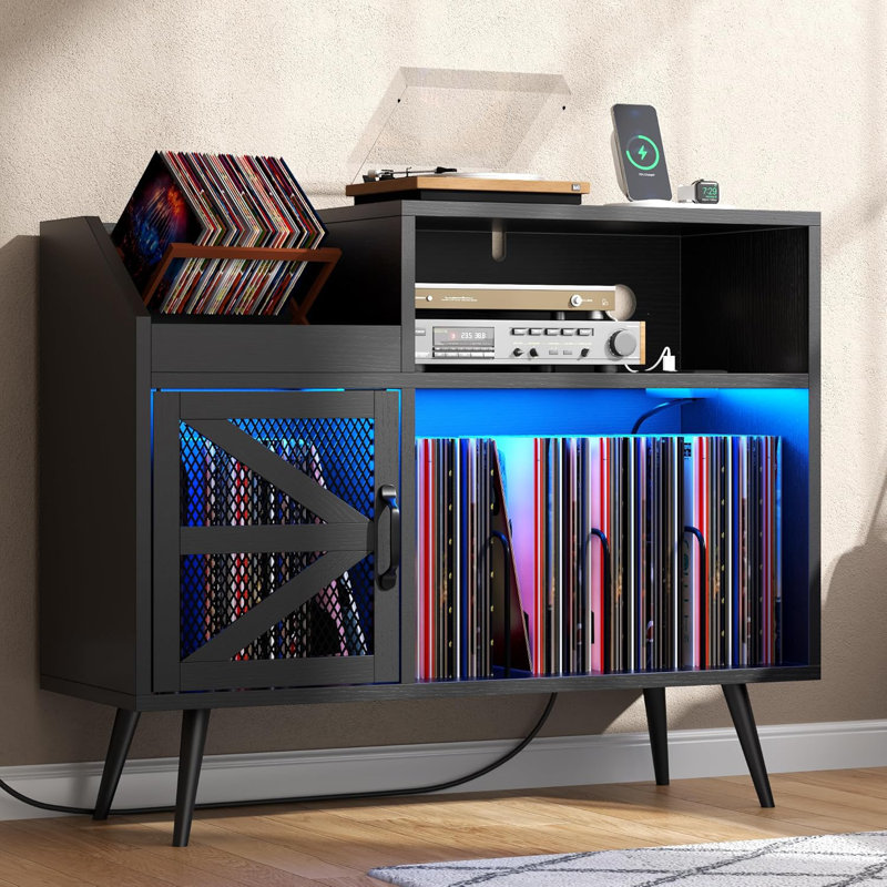 Record Player Stand Holds Up To 350 Albums, Turntable Stand With LED Light, Records Storage Cabinet With Power Outlet, Mid-Century Record Player Table, Vinyl Holder Storage Shelf For Home Office