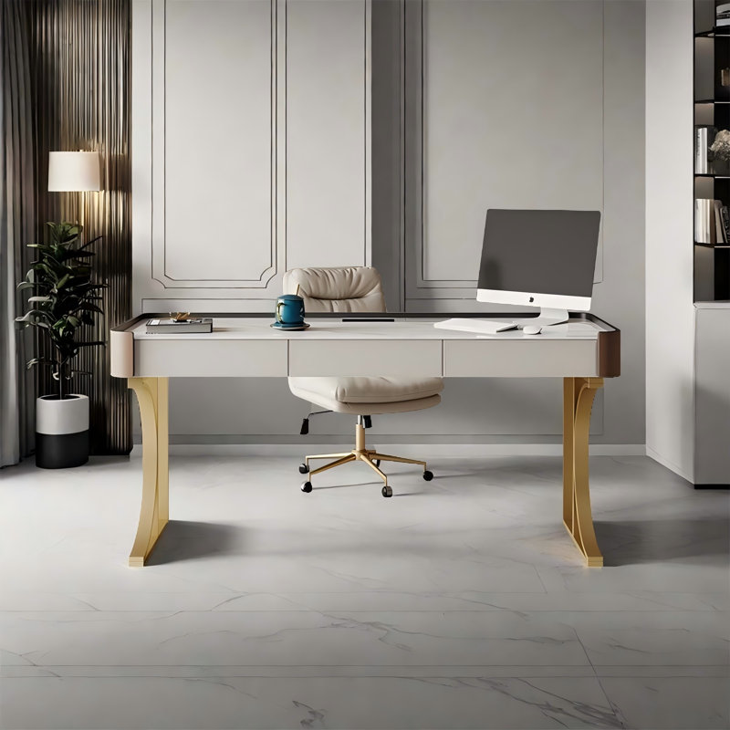 55.12" Rectangular Sintered Stone Saddle Leather Desk,3-drawer