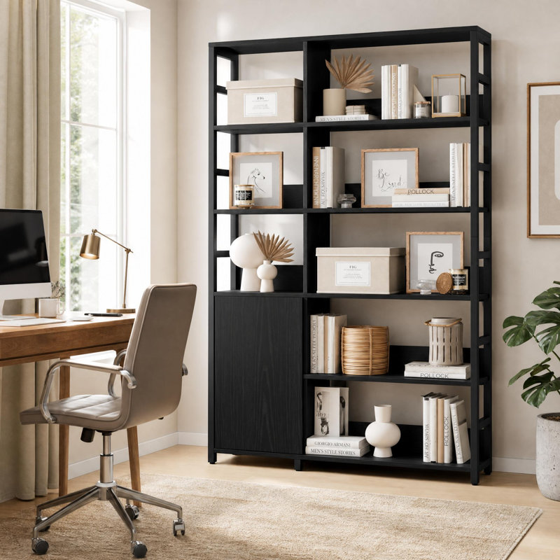 5 Tier Bookshelf with Doors - 71.1" Industrial Display Standing Shelf Rak with Open Shelves & Metal Frame, Bookcase with Adjustable Shelf, Black