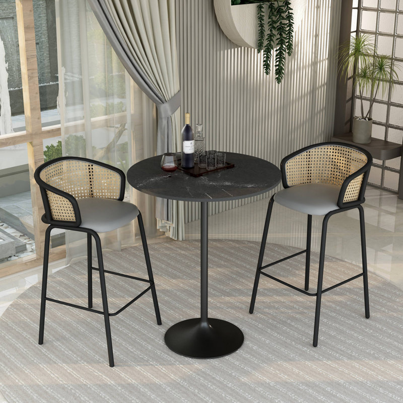 Harton Round Bar Height Dining Table with MDF Top and Stainless Steel Pedestal Base Kitchen Table Seats 2-6 Person