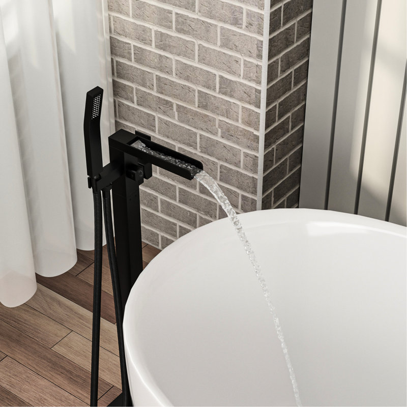 Matte Black Freestanding Bathtub Faucet, 59" - Kink Shower Hose, Dual Control For Customized Bath Temperature, Brass Tripod Base Waterfall Tub Filler Faucet In Black, Detachable Handheld Shower, 360