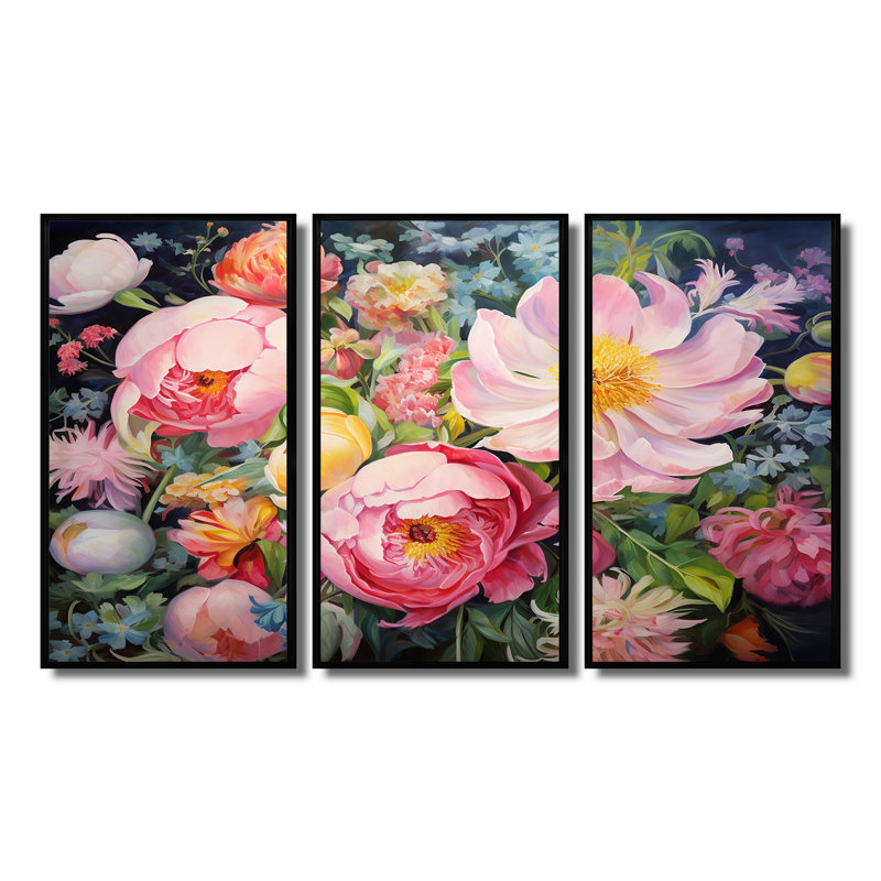 Fleurs roses printanières - fleurs sauvages, H 28 po x l 36 po x P 1 po, Cadre flottant noir