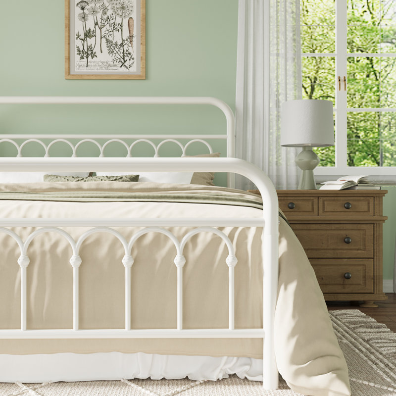 Vintage Style Metal Platform Bed Frame With Arch-Design Headboard And Footboard, Ivory, Queen