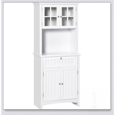 Élégant buffet avec huche, armoire de rangement pour garde-manger avec porte vitrée encadrée, tiroir et espace pour micro-ondes, blanc