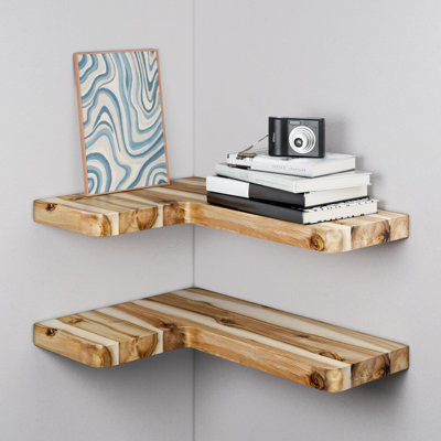 2 Piece L-Shaped Acacia Floating Shelf