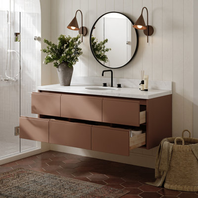   Setsuko 60 Inch Wall-Mounted Single Oval Sink Bathroom Vanity with Carrara White Quartz Countertop 1.5 Inch in Mocha