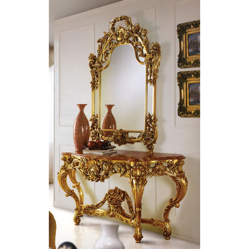 Miroir d’appoint biseauté traditionnel ornemental, Or antique