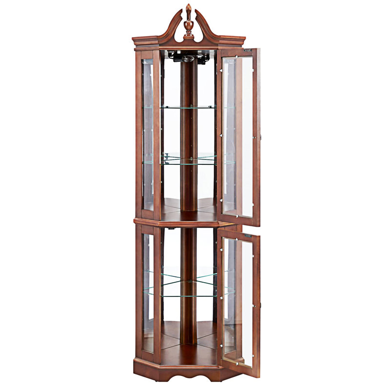Walnut Corner Lighted Curio Cabinet with Glass Shelves