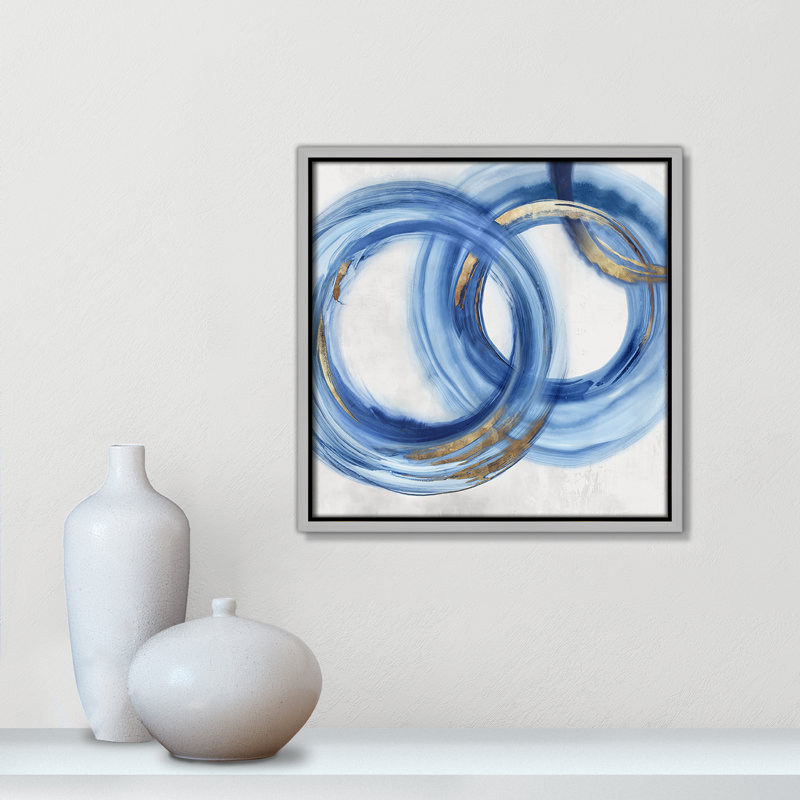 «Blue Cosmic Cascade I» par Emma Peal, Toile argentée avec cadre flottant, Pas de tapis, H 13,5 po x l 13,5 po x P 2 po