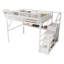 Grand lit mezzanine avec bureau, station de charge et escalier, lit en métal avec lumière pour enfants et adolescents, blanc