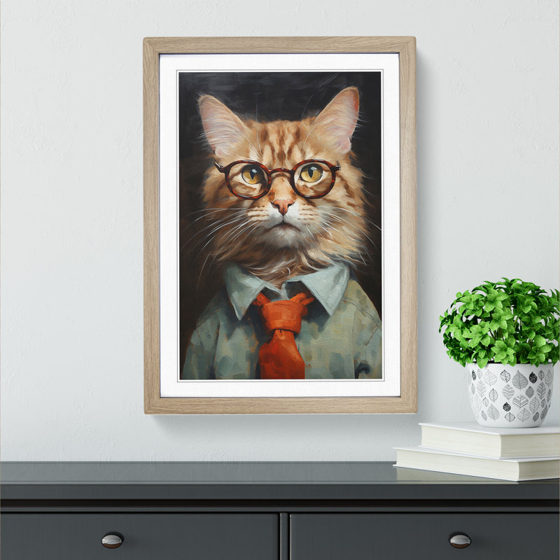 Cat With Glasses No.2 - Single Picture Frame Print on Wood, Oak , 46cm H x 34cm W x 2cm D