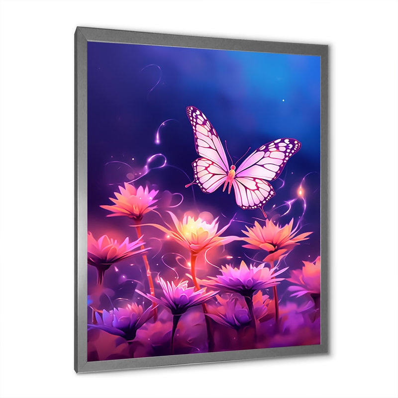 Magnifique coucher de soleil papillon rose I, Cadre simple argenté, H 32 po x l 16 po x P 1 po