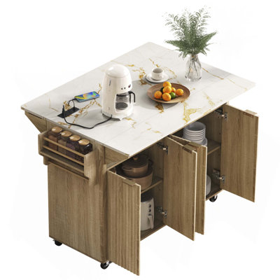 55.5" Fluted Kitchen Island With 2 Drop Leaf, Power Outlet, 4 Doors & Spice Rack