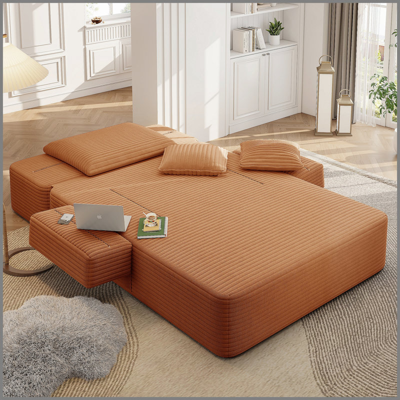 Luxueuse chaise longue en velours côtelé moelleux avec 3 coussins, canapé-lit convertible avec poche de rangement, conception sans cadre et mousse de compression pour les petits espaces, salon, appartement, orange