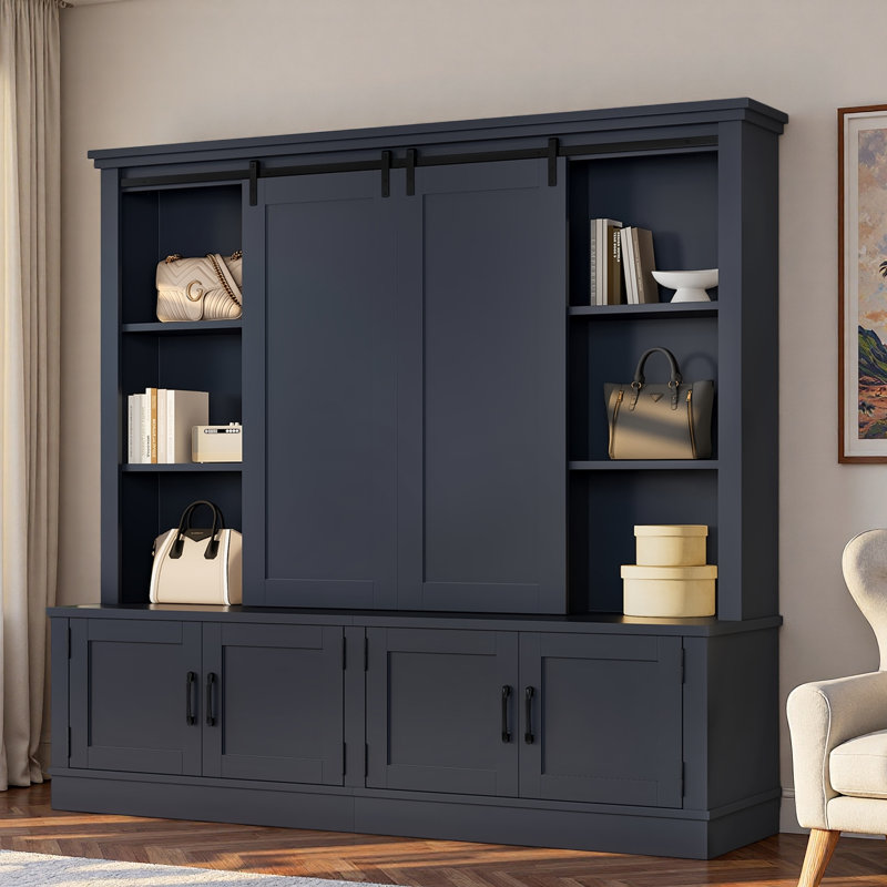 Multifunctional Hall Tree With Sliding Barn Door, Open Shelves And Storage Cabinets, Blue