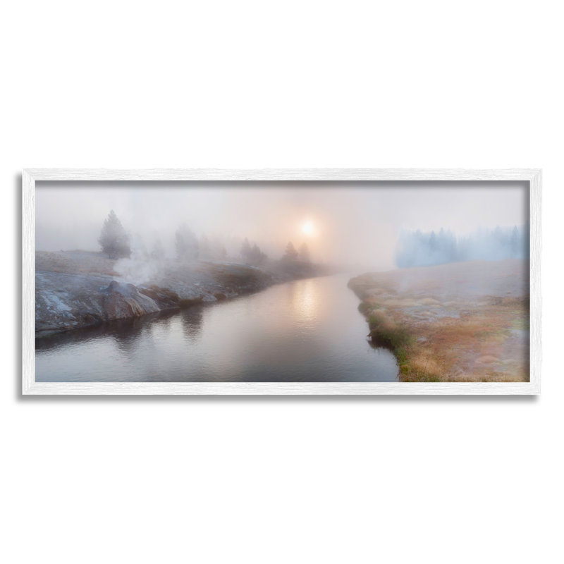 Foggy River at Dawn White Framed Canvas Print, 30 x 13